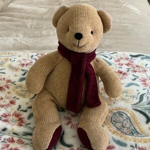 Pottery Barn Tan Teddy Bear with Burgundy Scarf